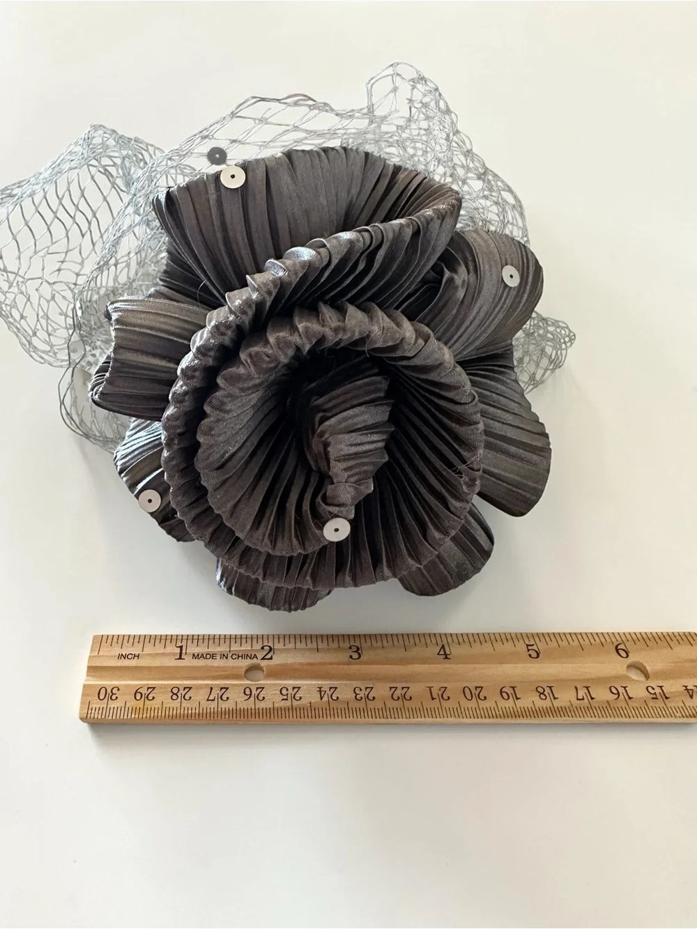 Bellissima Grey Pleated Satin Fascinator Headband with Birdcage Veil
